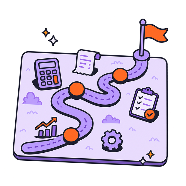 Illustrated roadmap with milestones leading to a flag