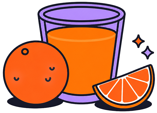 Illustration of a glass of orange juice with an orange and a wedge