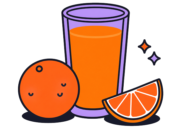 Illustration of a glass of orange juice with an orange and a wedge